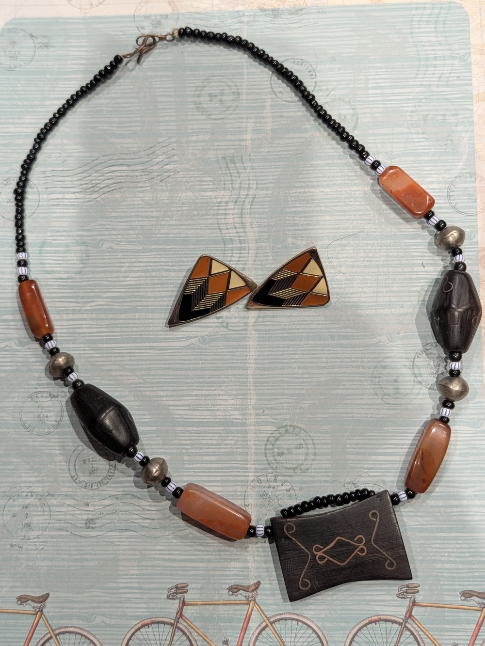 Handcrafted Black and Amber Geometric Bead Necklace & Earrings